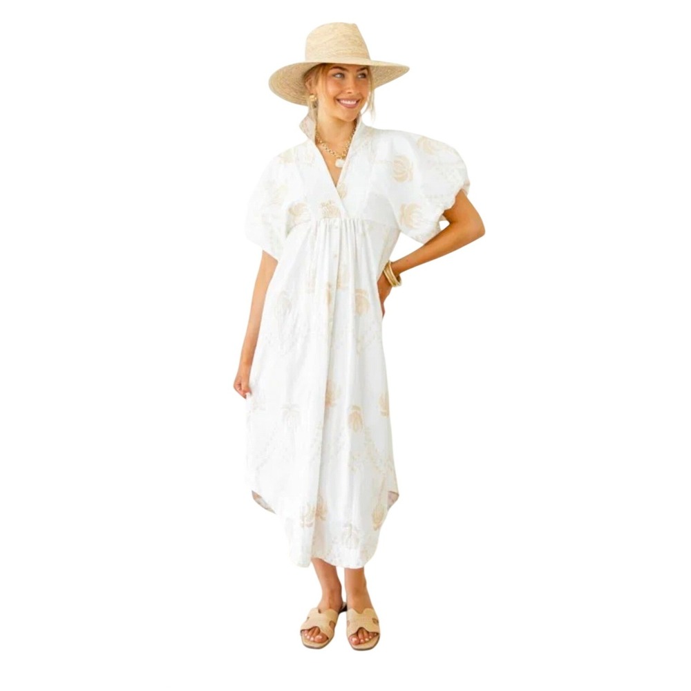 Umgee Palm Tree Embroidered Maxi Dress White Gold Puff Sleeve Cotton Size M
